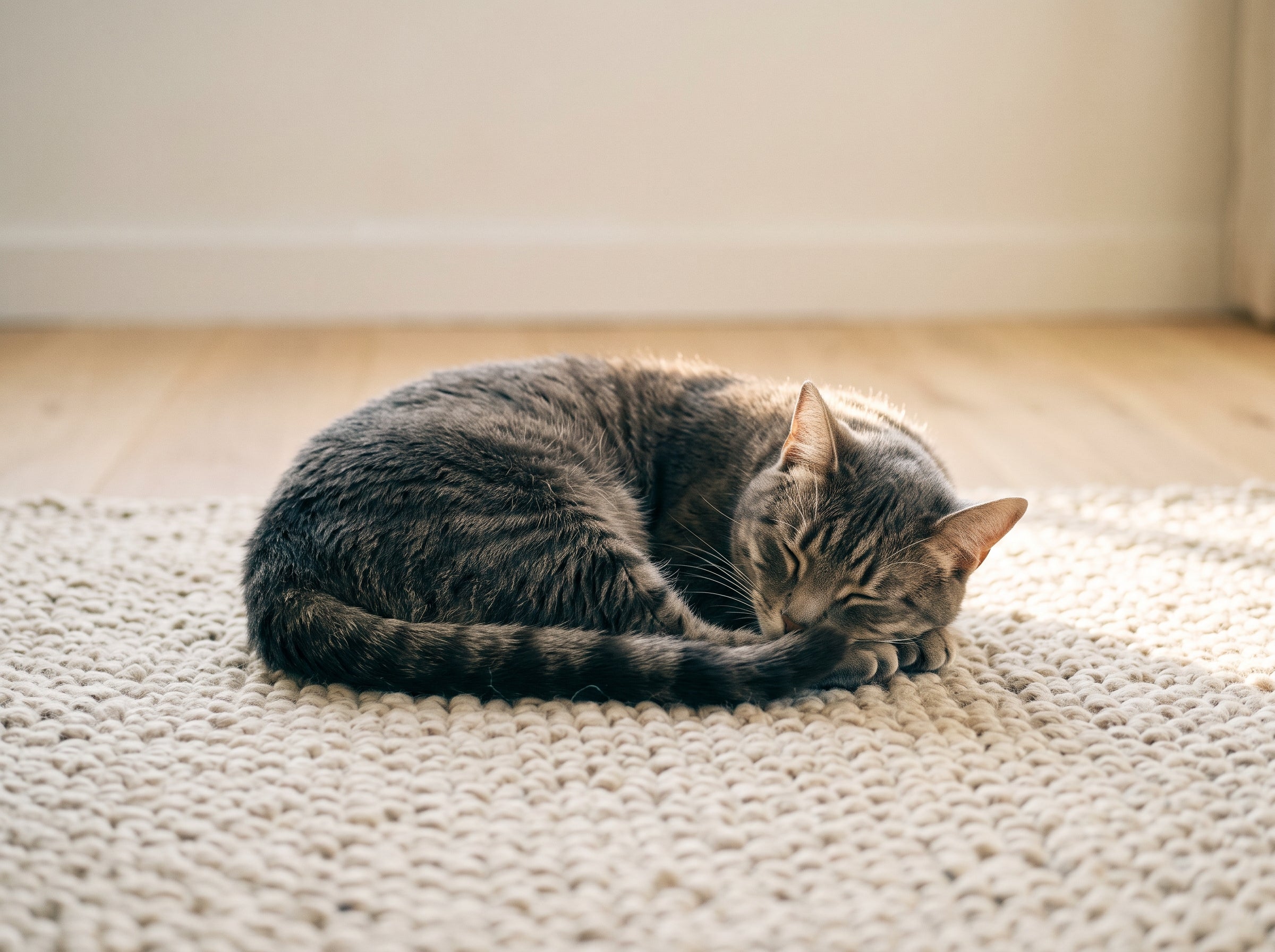 Chat tigré gris endormi en boule sur un tapis de laine écrue