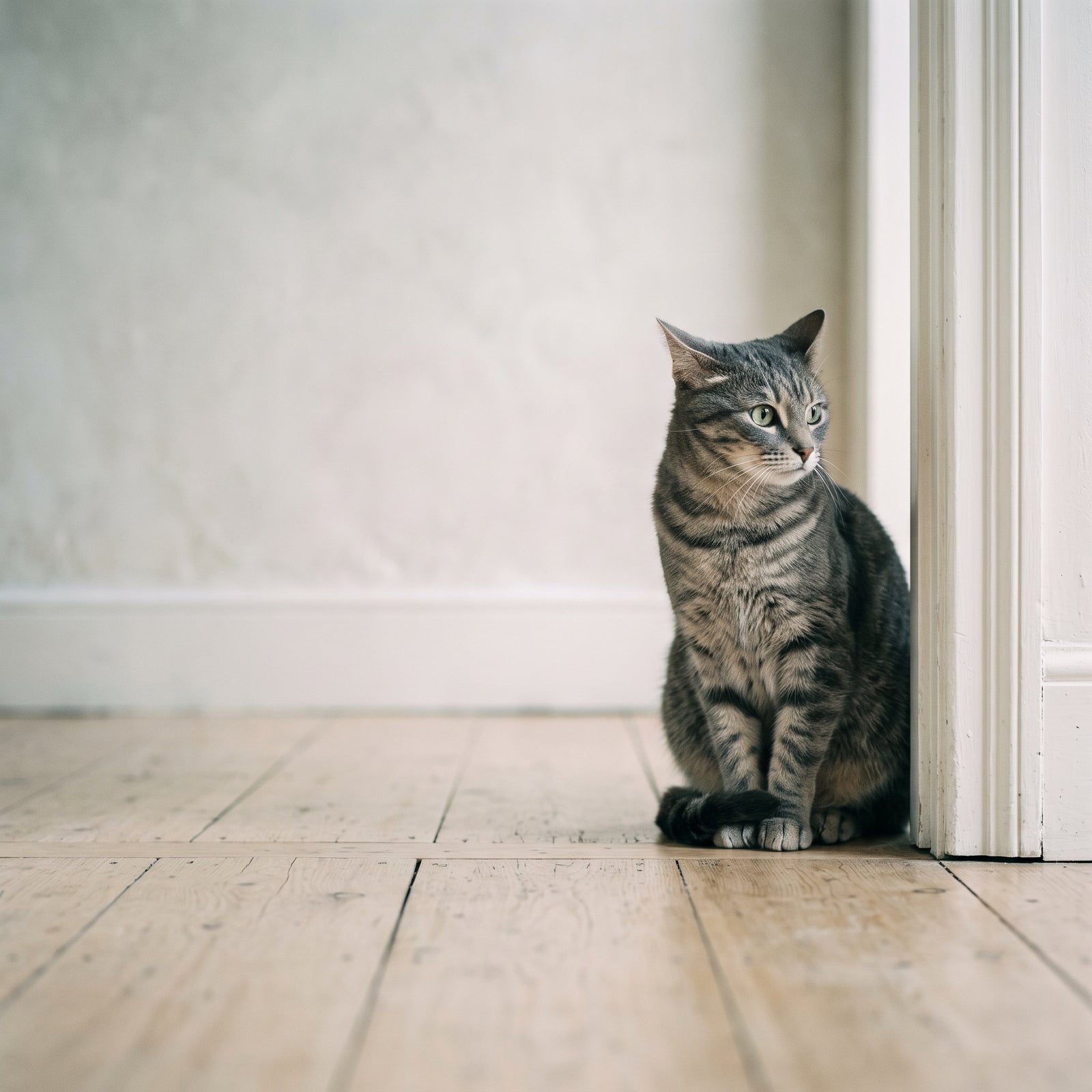 Chat tigré gris assis au bord d'une porte, hésitant, le regard tourné hors du cadre