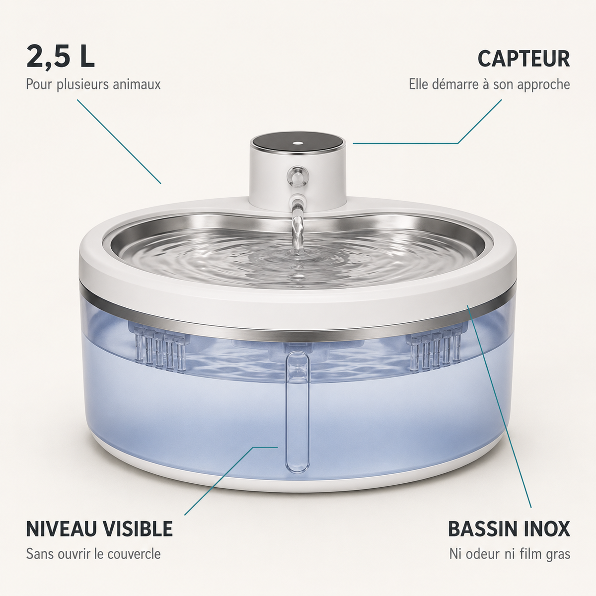 Caractéristiques de la fontaine cristal : 2,5 L, capteur de mouvement, niveau visible, bassin inox