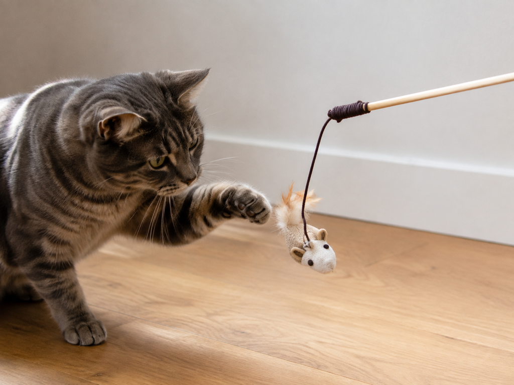 Chat tigré gris bondissant sur la canne Museau, sur un parquet clair
