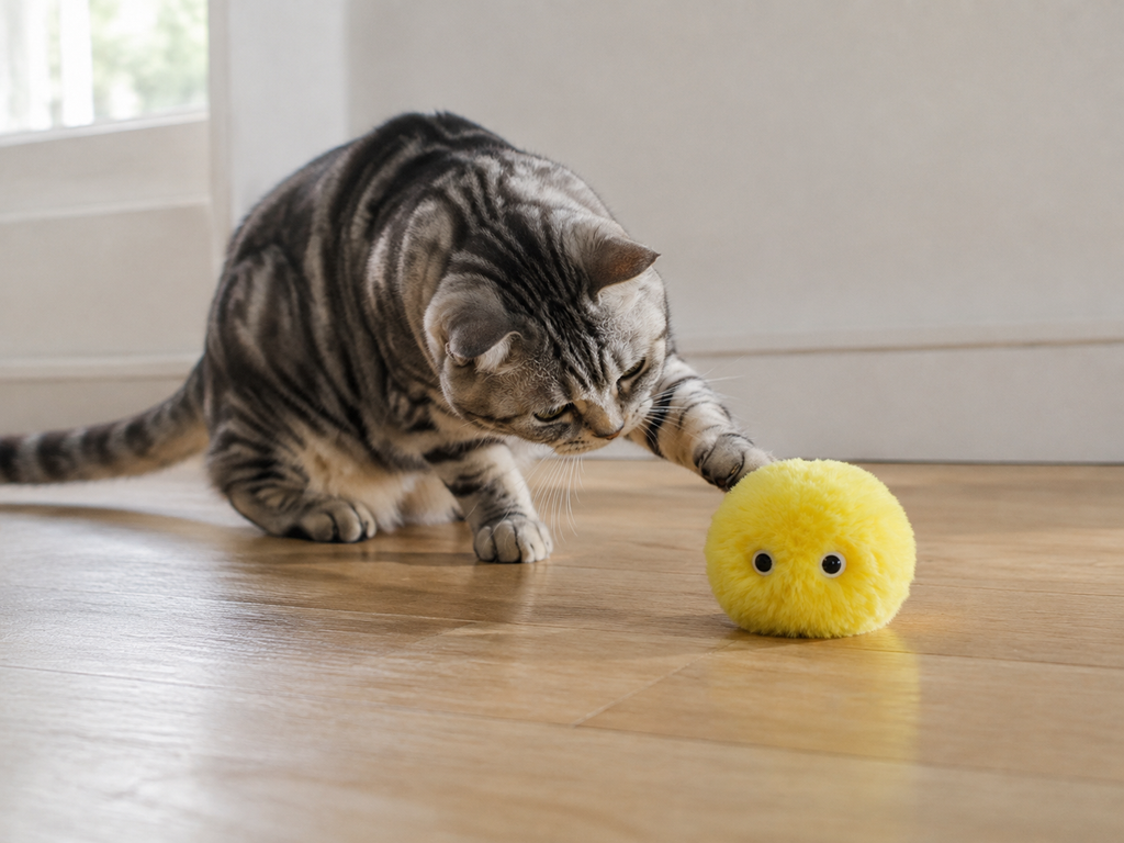 Chat tigré gris jouant avec la balle interactive jaune sur un parquet