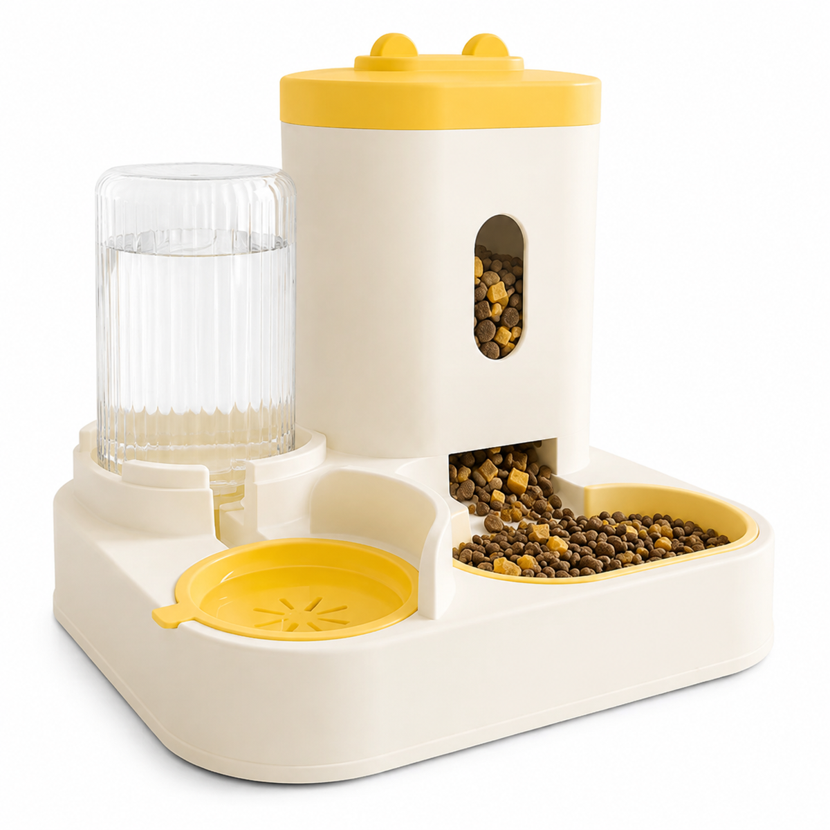 Distributeur 2-en-1 Museau, coloris jaune, réservoir d'eau et réservoir à croquettes