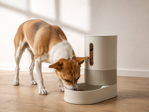 Chien mangeant au distributeur gravitaire Museau, posé sur un parquet clair