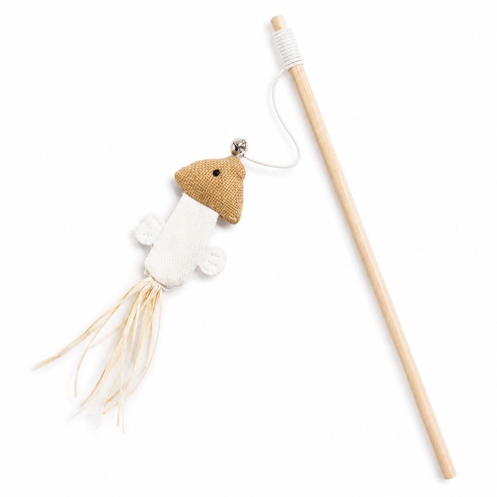 Canne pour chat Museau, manche en bois véritable et embout en peluche