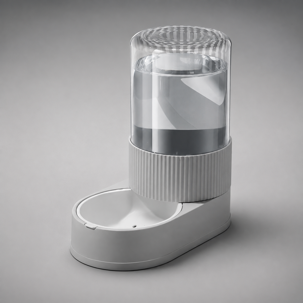 Distributeur gravitaire version eau vu de trois-quarts sur fond gris