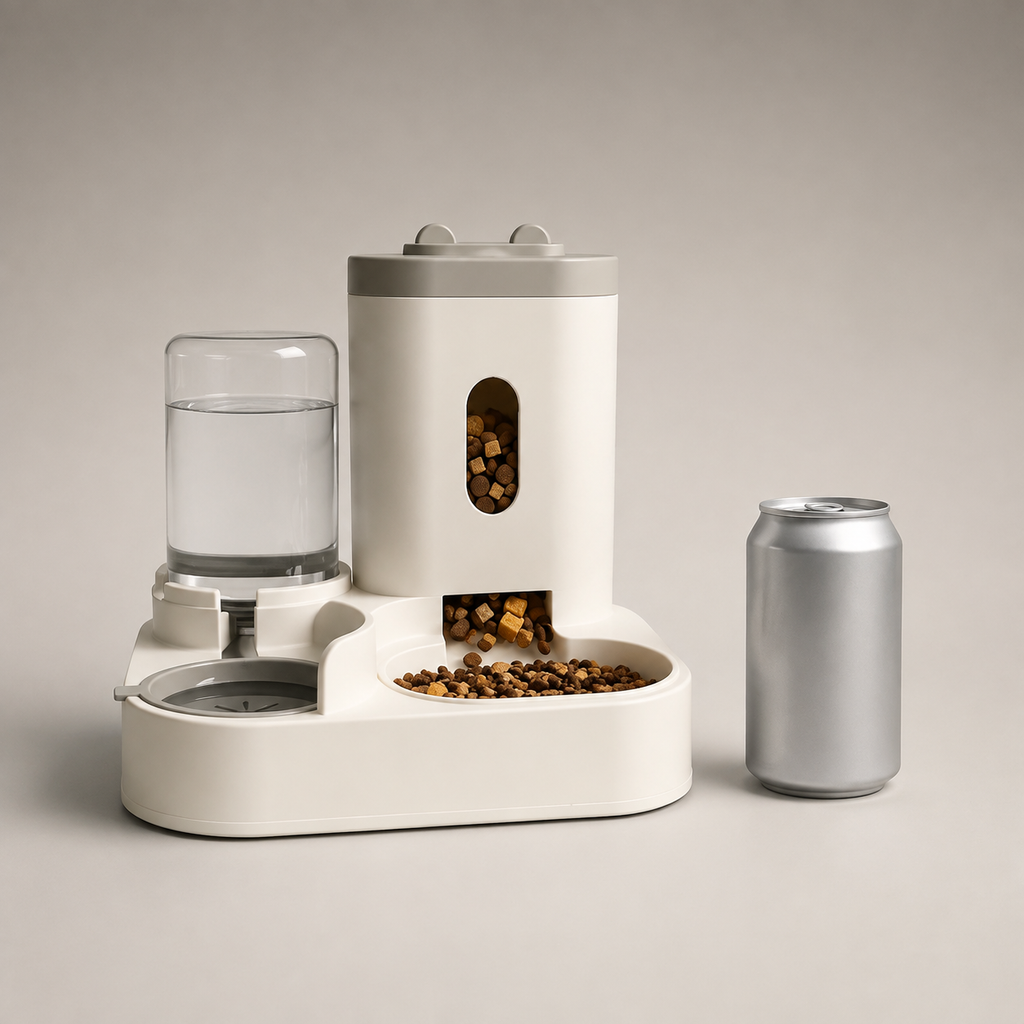 Distributeur 2-en-1 à côté d'une canette de 33 cl, pour comparer les tailles