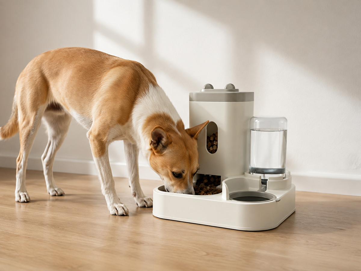 Chien mangeant au distributeur 2-en-1 Museau, posé sur un parquet clair