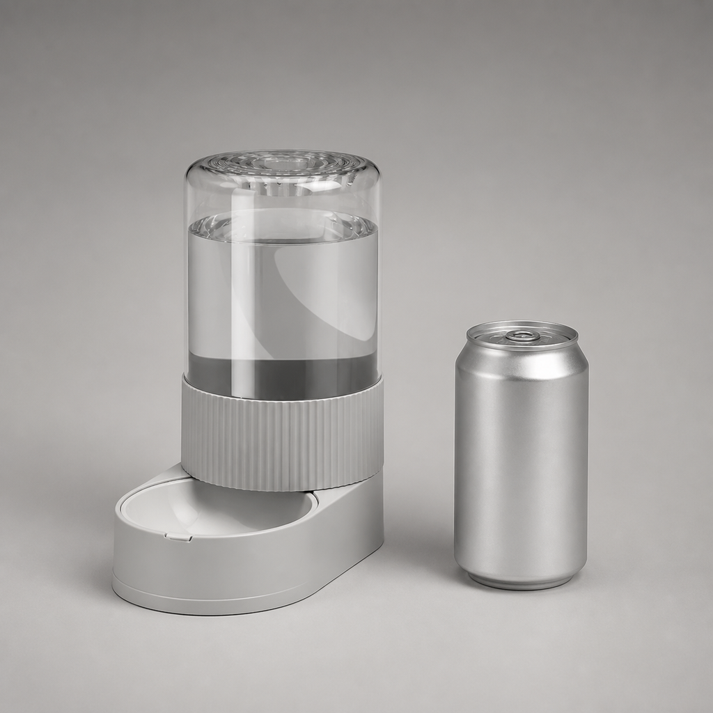 Distributeur gravitaire à côté d'une canette de 33 cl, pour comparer les tailles
