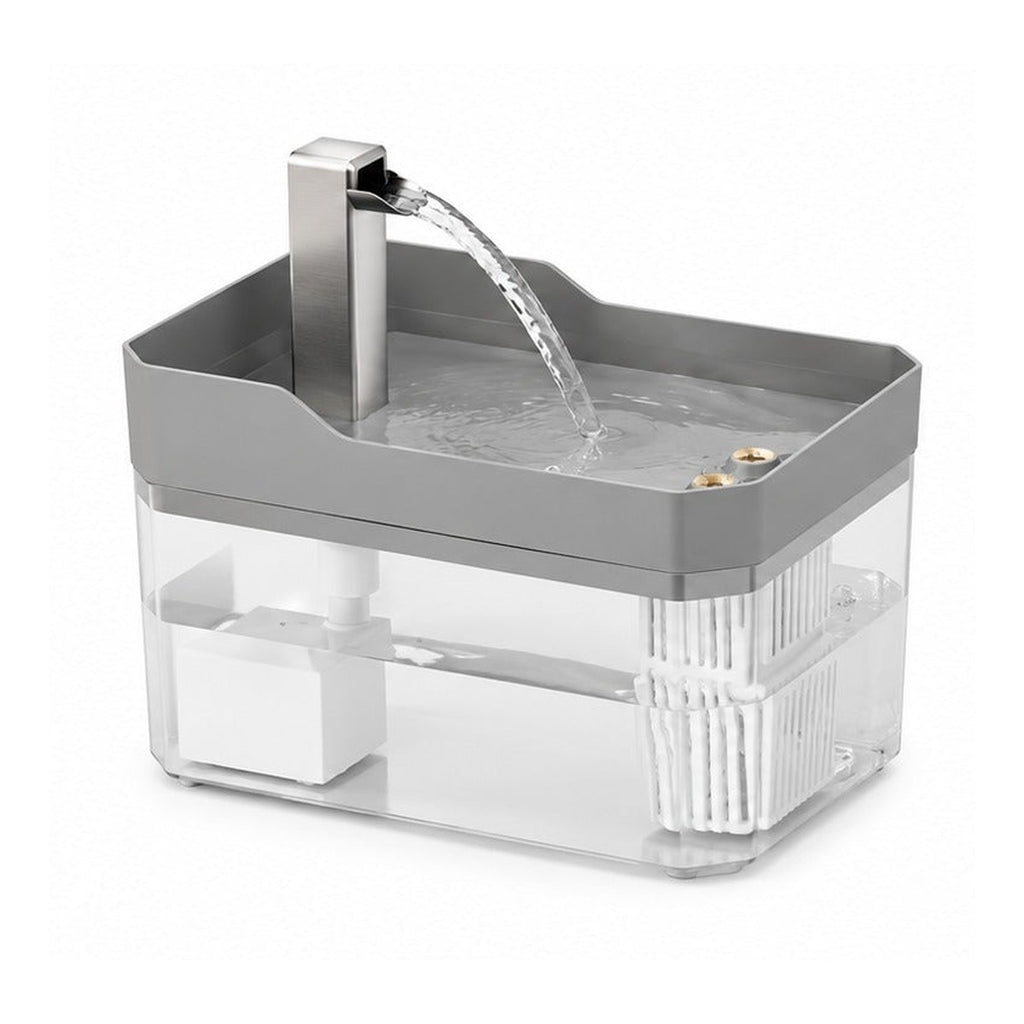 Fontaine à eau cube Museau, coloris gris fumé, bac transparent et bec en acier inoxydable