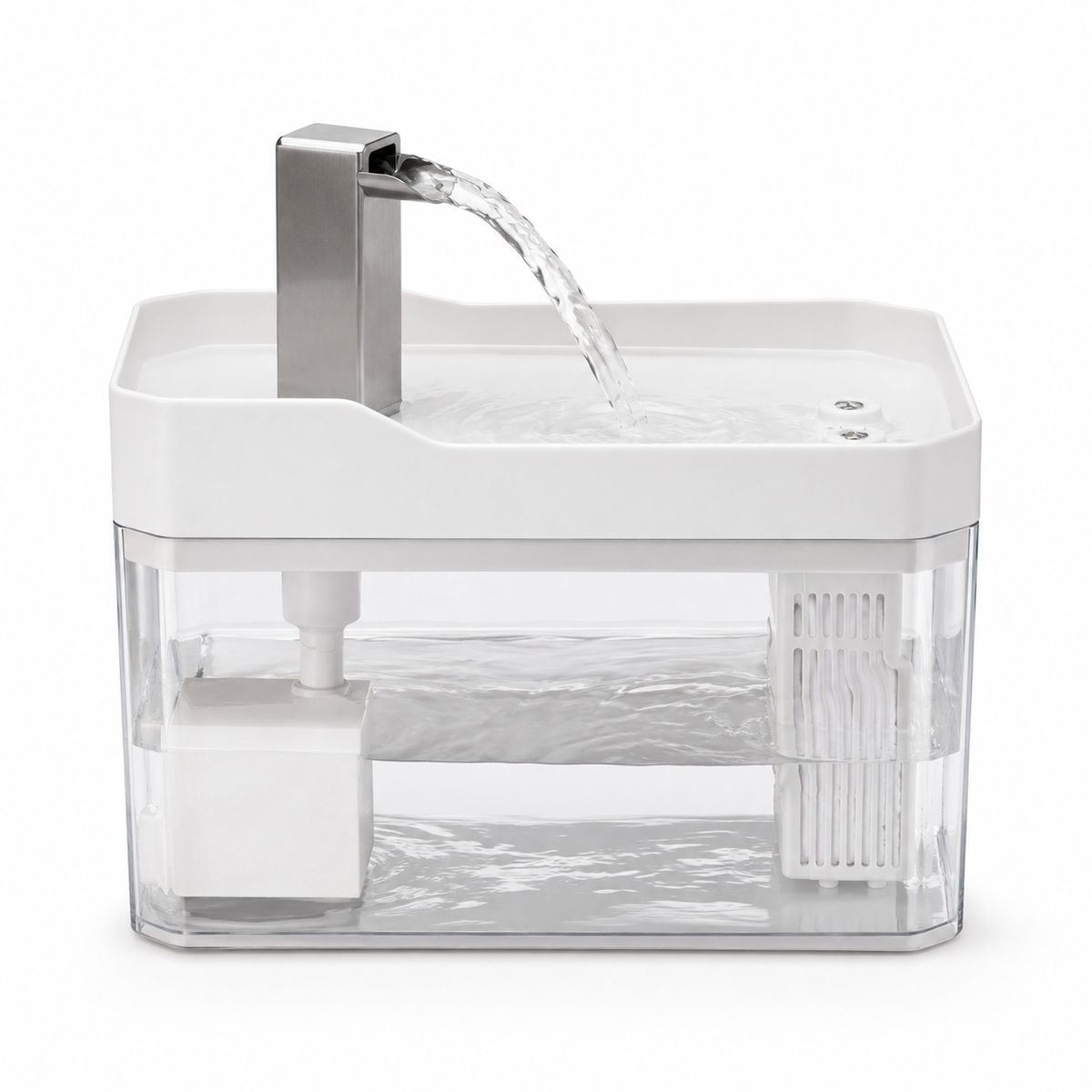 Fontaine à eau Museau cube, réservoir transparent et bec verseur en acier inoxydable