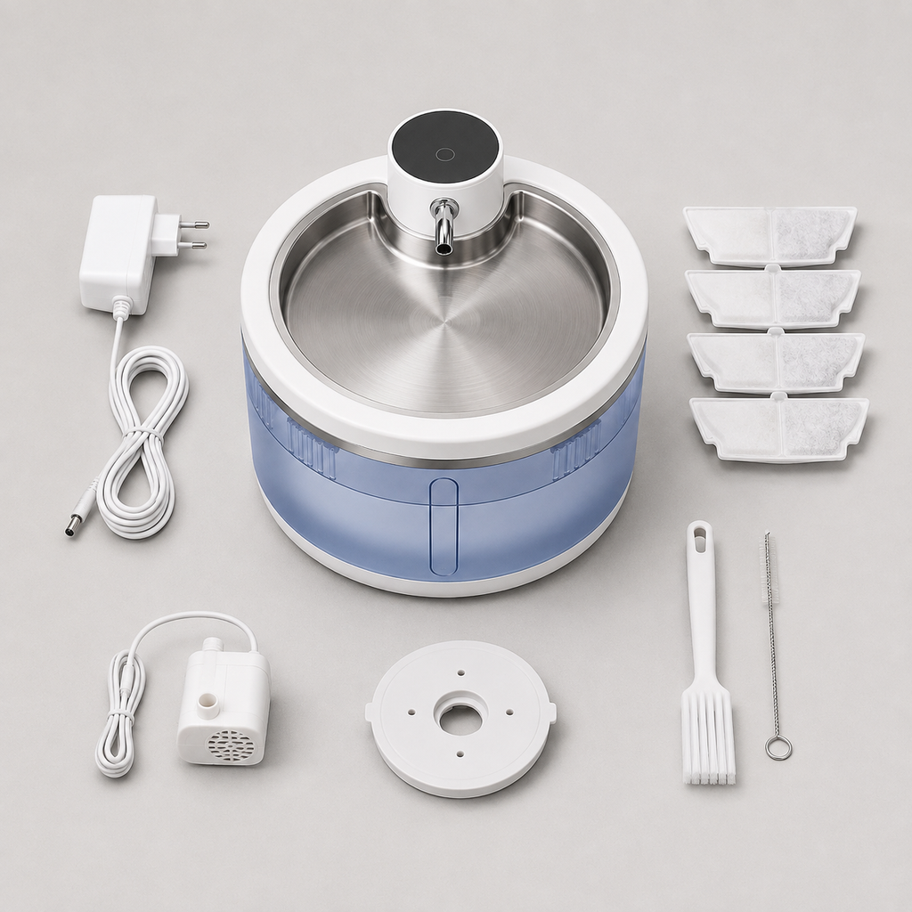 Contenu de la boîte : fontaine, adaptateur, câble, filtres et goupillon