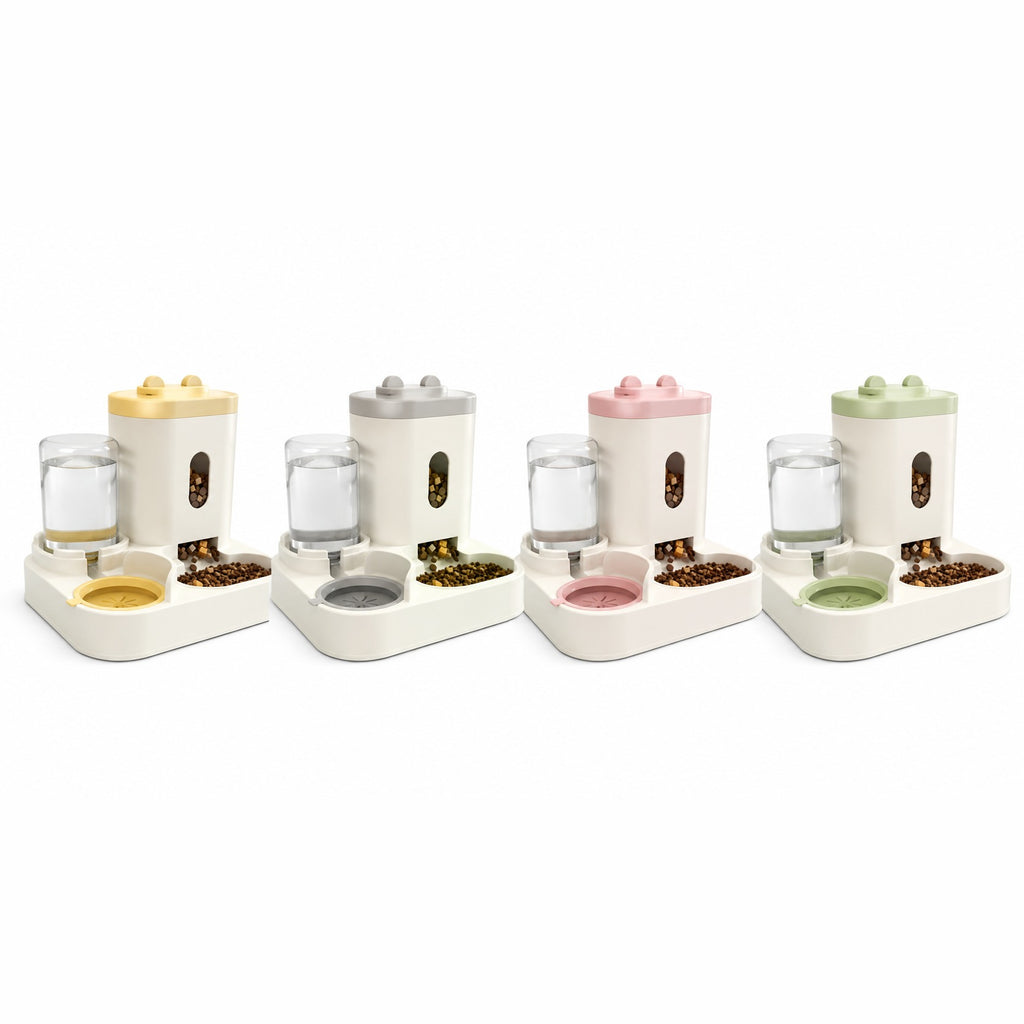 Les quatre coloris du distributeur 2-en-1 : jaune, gris, rose et vert