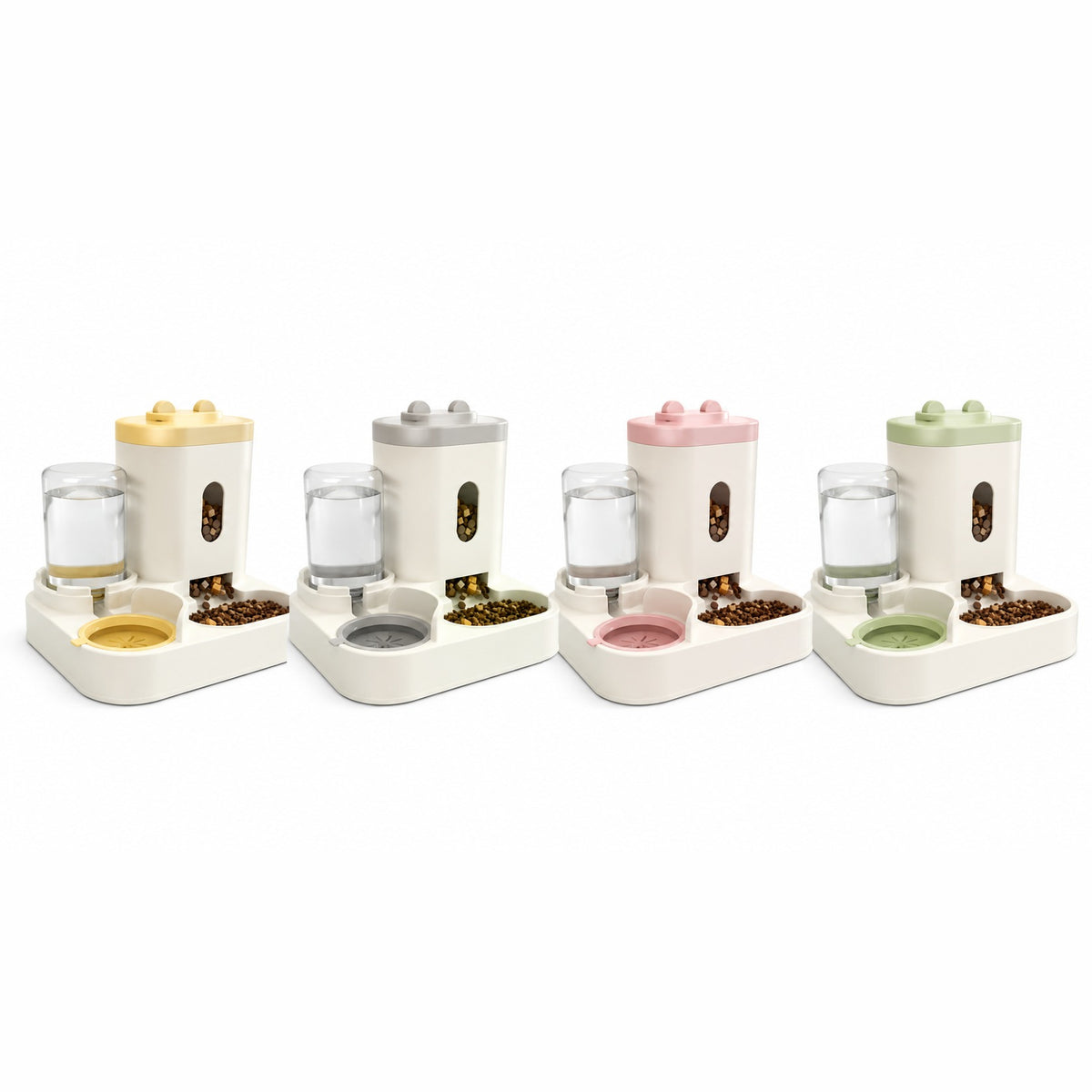 Les quatre coloris du distributeur 2-en-1 : jaune, gris, rose et vert