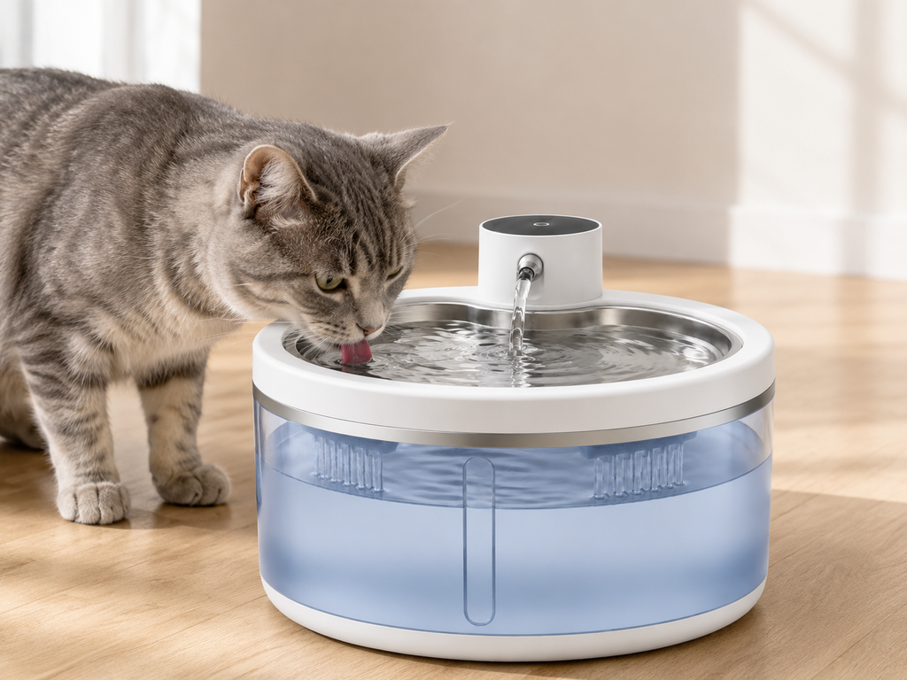 Chat tigré gris buvant à la fontaine à eau Museau cristal, posée sur un parquet