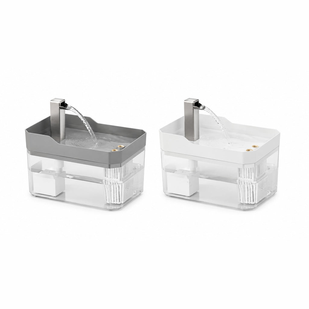 Les deux coloris de la fontaine cube Museau, gris fumé et blanc, côte à côte
