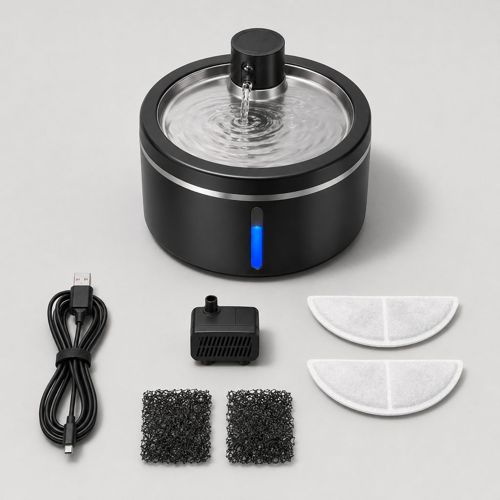 Contenu de la boîte : fontaine, câble de charge, goupillon de nettoyage et filtres