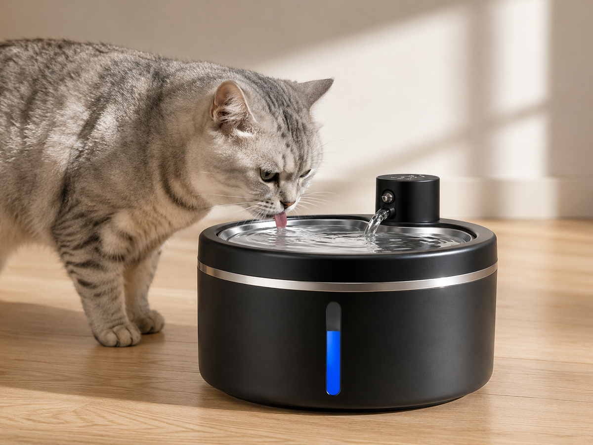 Chat tigré gris buvant à la fontaine à eau Museau noire, posée sur un parquet