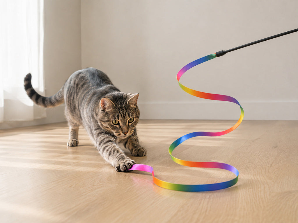 Chat tigré gris poursuivant le ruban arc-en-ciel sur un parquet clair