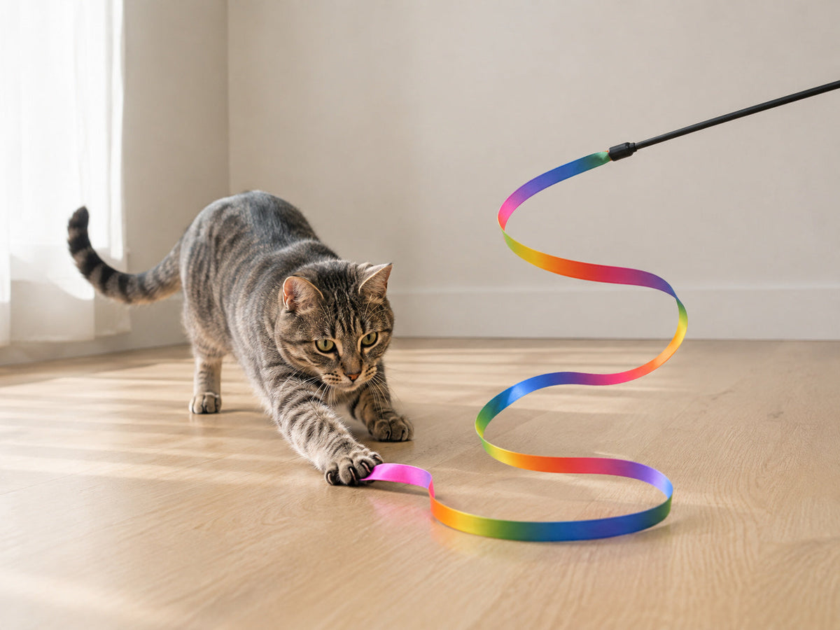 Chat tigré gris poursuivant le ruban arc-en-ciel sur un parquet clair