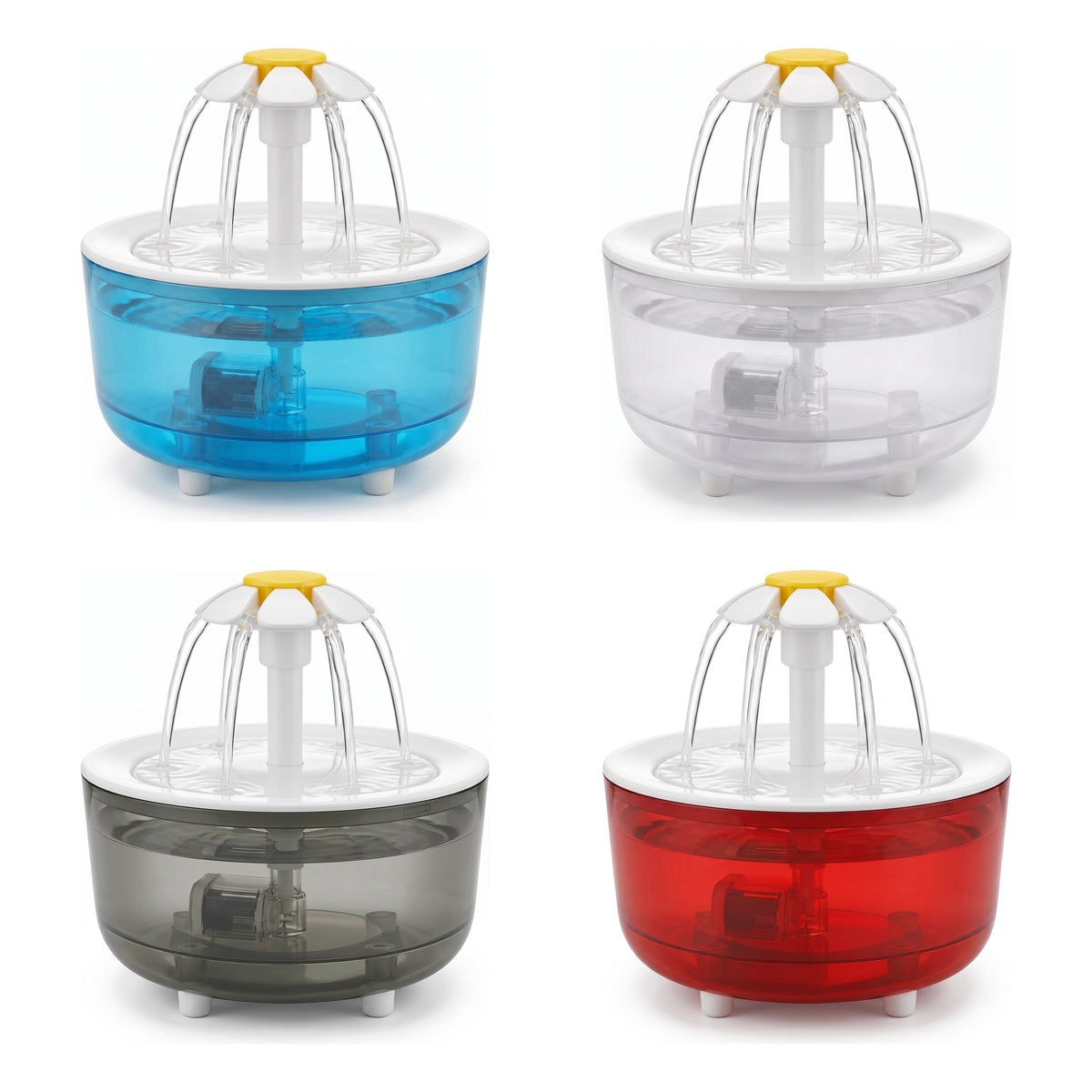 Les quatre coloris de la fontaine fleur translucide : bleu ciel, blanc, vert et rouge