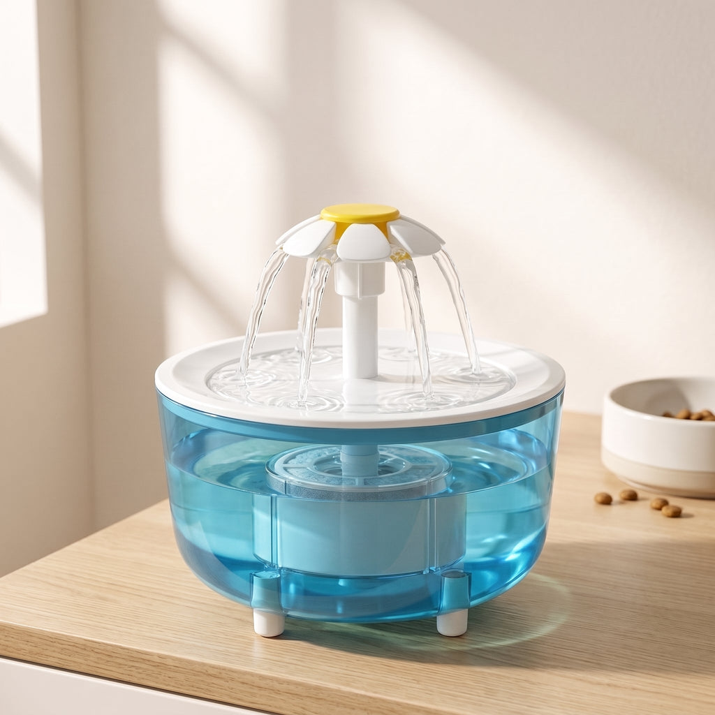 Fontaine fleur translucide posée sur un plan de travail en bois, à côté d'une gamelle