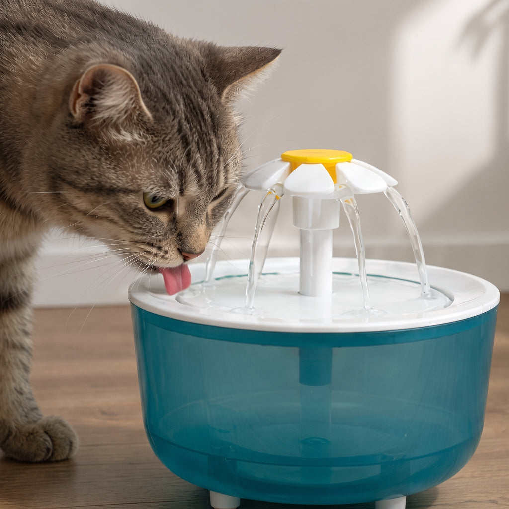 Chat tigré gris buvant à la fontaine fleur translucide bleue, posée sur une table en bois