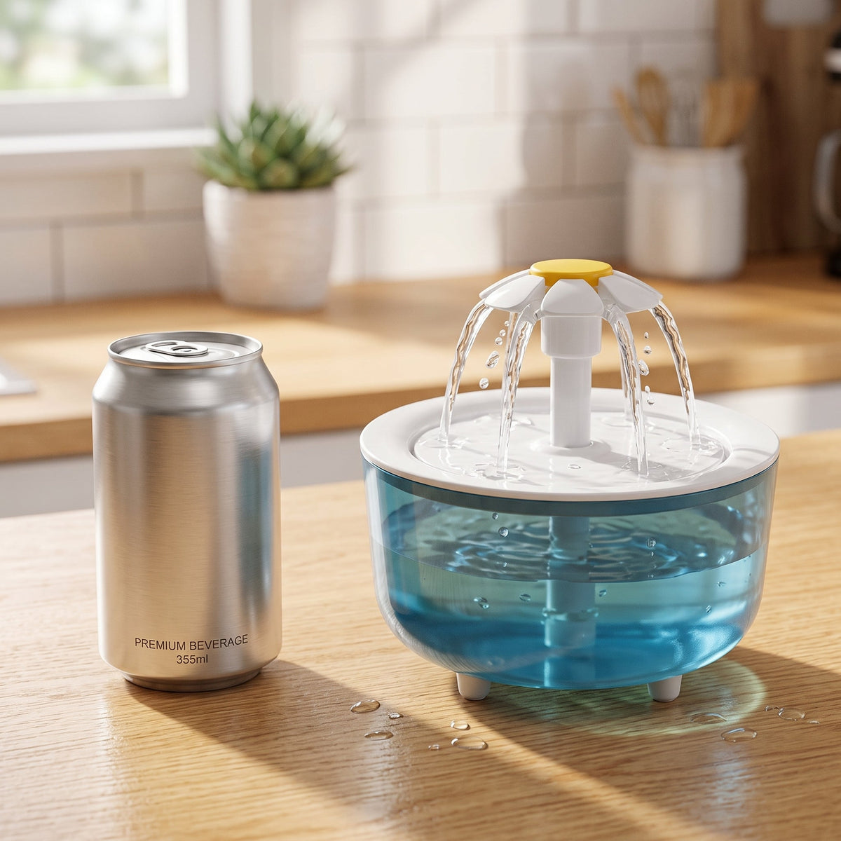 Fontaine fleur translucide à côté d'une canette de 33 cl, pour comparer les tailles